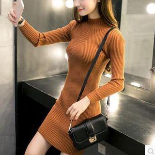 Long-sleeve Ribbed Knit Mini Sheath Dress