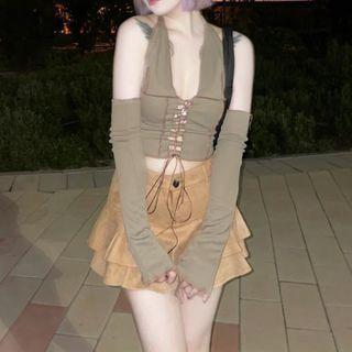 Lace Up Cropped Halter Top With Arm Sleeves / Mini Tiered Skirt