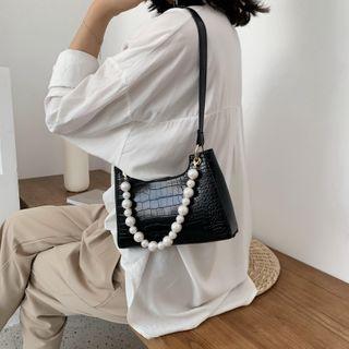 Croc Grain Faux Pearl Strap Shoulder Bag