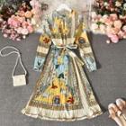 Long-sleeve Printed A-line Dress Yellow - One Size