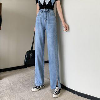 Side-slit Straight Leg Jeans / Plain Camisole Top