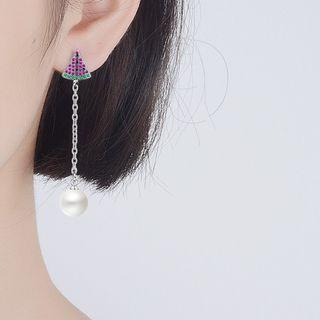 Non-matching Rhinestone Watermelon & Faux Pearl Dangle Earring 1 Pair - Copper White Gold Plating - One Size