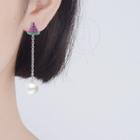 Non-matching Rhinestone Watermelon & Faux Pearl Dangle Earring 1 Pair - Copper White Gold Plating - One Size