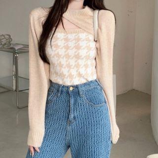 Set: Knit Shrug + Houndstooth Camisole Top Shrug - Khaki - One Size / Camisole Top - Khaki - One Size