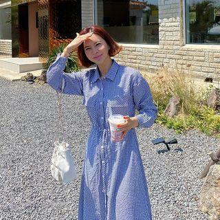 Drawcord Gingham Lon Shirtdress