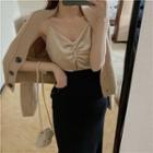 Plain V-neck Frilled Strap Top / Plain Single-breasted Long-sleeve Cardigan / High-waist Skirt