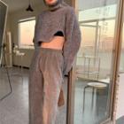 Turtleneck Cropped Sweater / Slit Loose Fit Pants