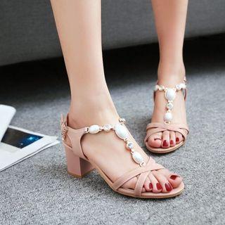 Embellished T-strap Block Heel Sandals