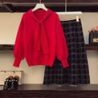 Tie Neck Sweater / Midi A-line Skirt / Set