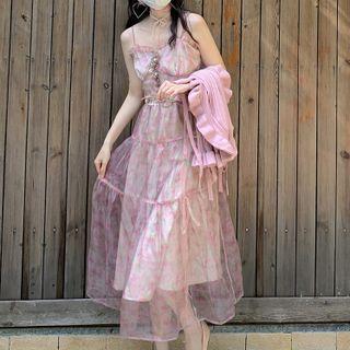 Sleeveless V-neck Ruffle Trim Print Dress