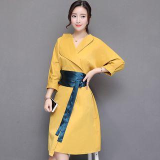 3/4-sleeve Lapel Wrapped Ribbon-waist A-line Dress