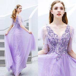 Short-sleeve Beaded Embroidery A-line Evening Gown