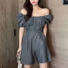 Puff-sleeve Ruched Romper