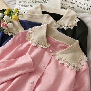 Lace-trim Colorblock Button-down Knit Top