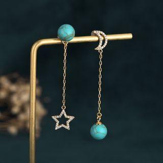 Moon & Star Rhinestone Turquoise Asymmetrical Dangle Earring Cp159 - 1 Pair - Turquoise & Gold - One Size
