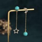 Moon & Star Rhinestone Turquoise Asymmetrical Dangle Earring Cp159 - 1 Pair - Turquoise & Gold - One Size