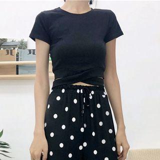 Short-sleeve Cutout T-shirt + Drawstring Polka Dot Pants