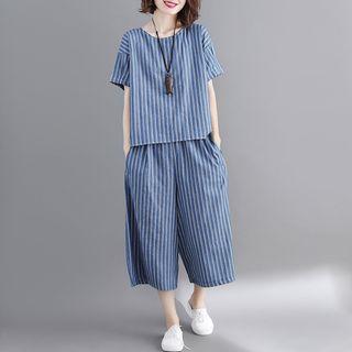 Set: Short-sleeve Striped Shirt + Striped Wide-leg Pants