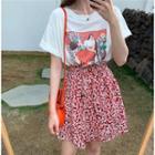 Set: Printed Short-sleeve T-shirt + Floral A-line Skirt