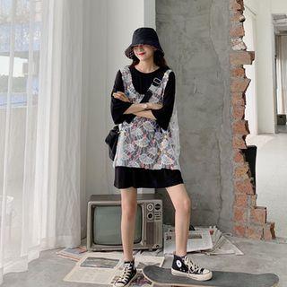 3/4-sleeve Mini T-shirt Dress / Sequined Lace Vest