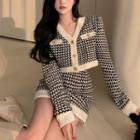 Houndstooth V-neck Crop Jacket / High-waist Mini Skirt