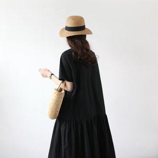 Short-sleeve Ruffle-hem Zip-back A-line Midi Dress