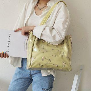 Floral Embroidered Pvc Panel Faux Leather Tote Bag