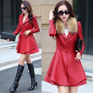 Genuine Leather Coat With Detachable Faux Fur Trim