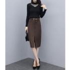Set: Long-sleeve Lace Trim Knit Top + Pencil Skirt