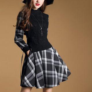 Mock Two-piece Plaid Panel Long-sleeve A-line Dress