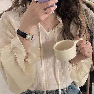 Bell-sleeve Lace-up Plain Chiffon Blouse