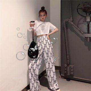 Spider Web Print Cropped T-shirt / Butterfly Print Wide-leg Pants
