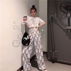 Spider Web Print Cropped T-shirt / Butterfly Print Wide-leg Pants