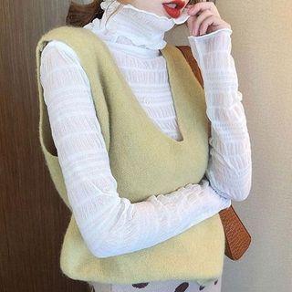 Long-sleeve Turtleneck Fleece-lined Mesh Top