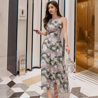 Halter-neck Floral Print Midi A-line Dress