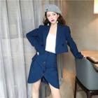 Plain Cropped Long-sleeve Bolero Jackets / A-line Skirt