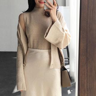 Set: Mock-neck Sleeveless Knit Top + Wool Blend Cardigan
