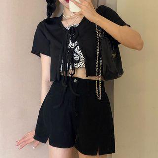Long-sleeve Bow Detail T-shirt / Short-sleeve T-shirt / Leopard Print Camisole Top / Spaghetti Strap Mini Sheath Dress / Denim Shorts