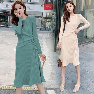 Drawstring Ruched Midi A-line Rib Knit Dress