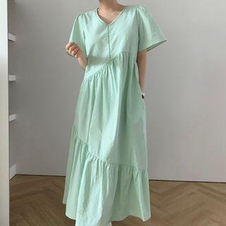 Short-sleeve V-neck Ruffled Loose Fit Dress