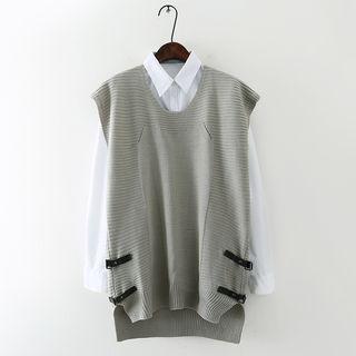 Set: Plain Shirt + Belted Dip Back Knit Vest