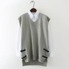 Set: Plain Shirt + Belted Dip Back Knit Vest