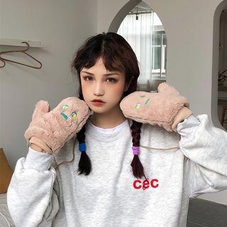 Furry Embroidered Mittens