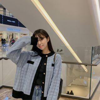 Waffle-knit Ringer Cardigan Sky Blue - One Size