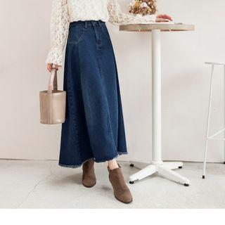 Frayed Denim Midi A-line Skirt