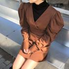 Long-sleeve Puff-shoulder V-neck Mini Dress