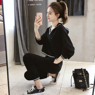 Set: Contrast Trim Hooded Cropped Top + Sweatpants