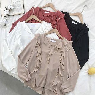 V-neck Ruffled-trim Panel Chiffon Long-sleeve Blouse