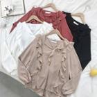 V-neck Ruffled-trim Panel Chiffon Long-sleeve Blouse