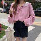 Long-sleeve Bow Accent Blouse Light Purple - One Size